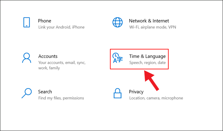 Chọn dòng Time & Language