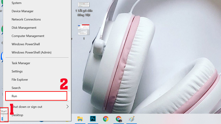 Bấm chuột phải vào biểu tượng Start => chọn Run 
